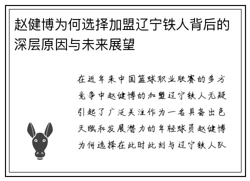 赵健博为何选择加盟辽宁铁人背后的深层原因与未来展望